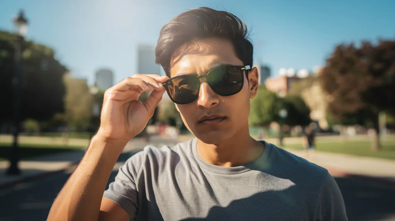 Una persona con gafas de sol oscuras camina al aire libre en un día soleado, protegiendo la zona de los ojos. Esta imagen refleja la importancia del cuidado postoperatorio tras una cirugía de blefaroplastia, especialmente en la recuperación de la sensibilidad a la luz y la inflamación alrededor de los párpados.