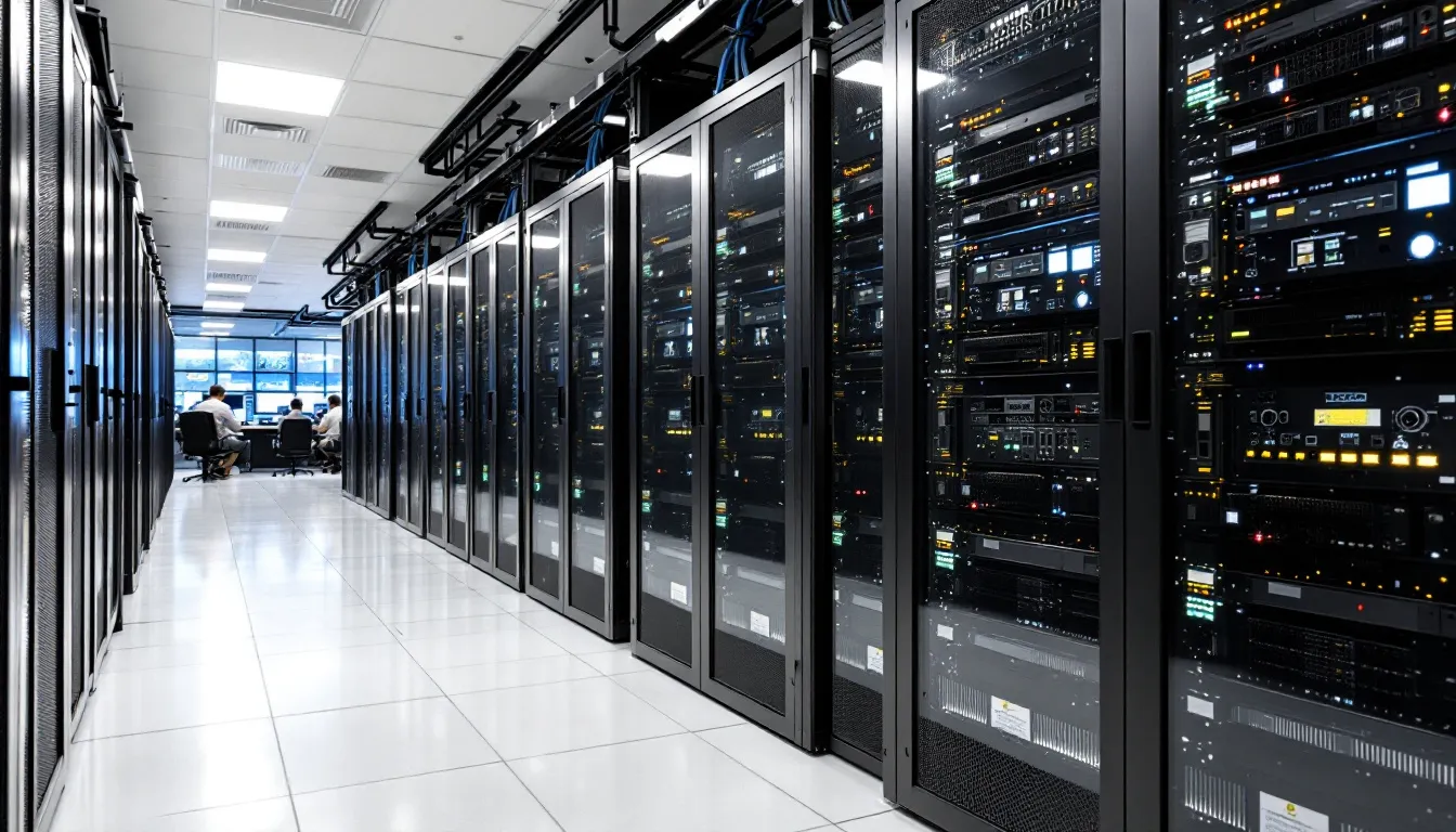 The image depicts a modern enterprise data center filled with rows of servers and networking equipment, showcasing a high-tech environment designed for data virtualization solutions. This setup supports various data sources and enables real-time analytics, machine learning, and seamless data movement for businesses utilizing platforms like SAP HANA and Denodo.