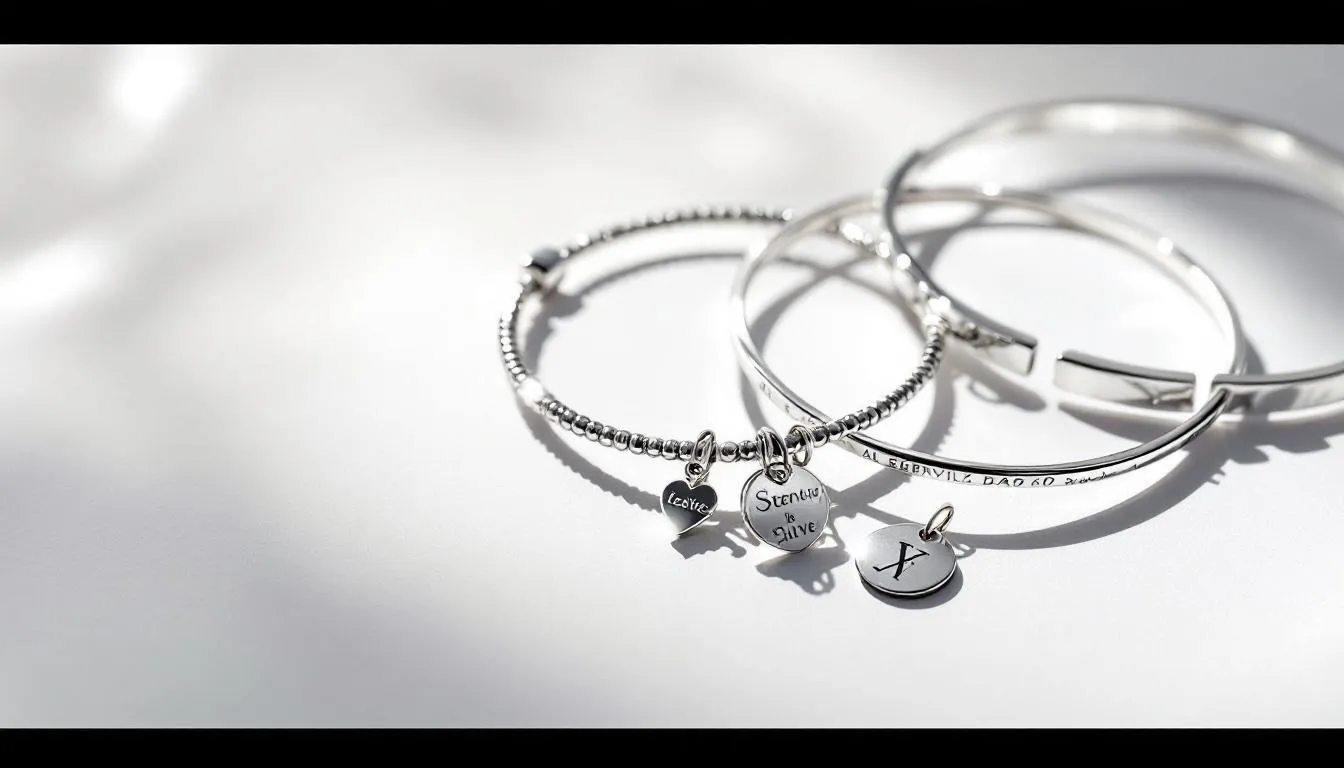 The image showcases a collection of classic sterling silver bracelets, featuring a variety of timeless designs such as simple bangles and intricately detailed charm bracelets. Each piece is crafted with precision, highlighting the elegance and sophistication of solid silver, perfect for everyday wear or as a thoughtful gift.