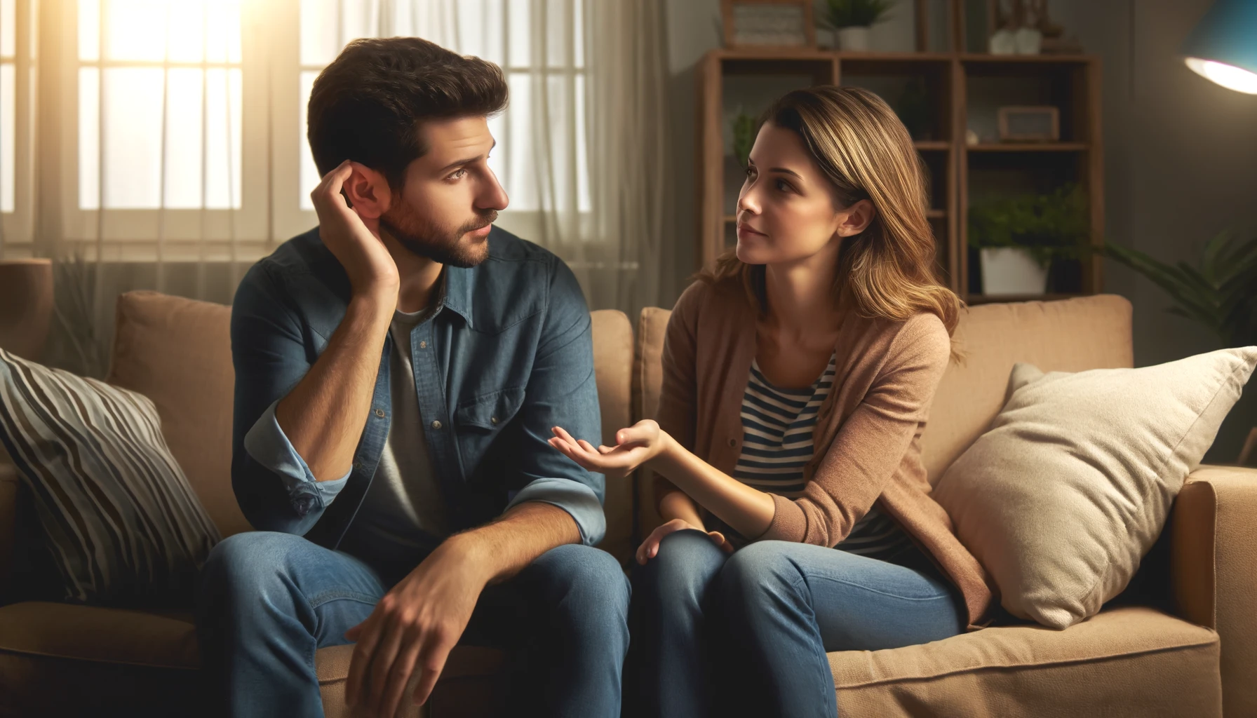 A couple sitting together on a cozy couch, actively listening to each other