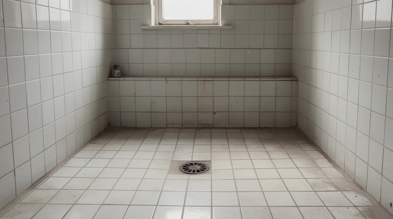 Kuvassa on vanha kylpyhuone, jonka seinillä ja lattialla on valkoiset laatat, mutta saumat ovat haalistuneet. Kylpyhuoneen tekninen käyttöikä on tullut päätökseensä, ja perinteinen lattiakaivo on näkyvissä, mikä voi viitata tarpeeseen remonttiin.