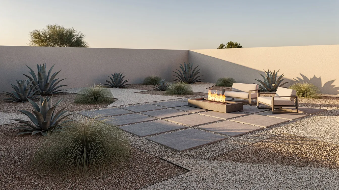 The image depicts a modern desert backyard featuring geometric gravel beds adorned with clusters of agave and native grasses like deergrass, alongside a paver patio and a low fire pit, creating a serene outdoor space that supports biodiversity and enhances the natural beauty of the landscape. This design exemplifies the use of native plants, promoting a sustainable environment that attracts wildlife such as birds and pollinators.