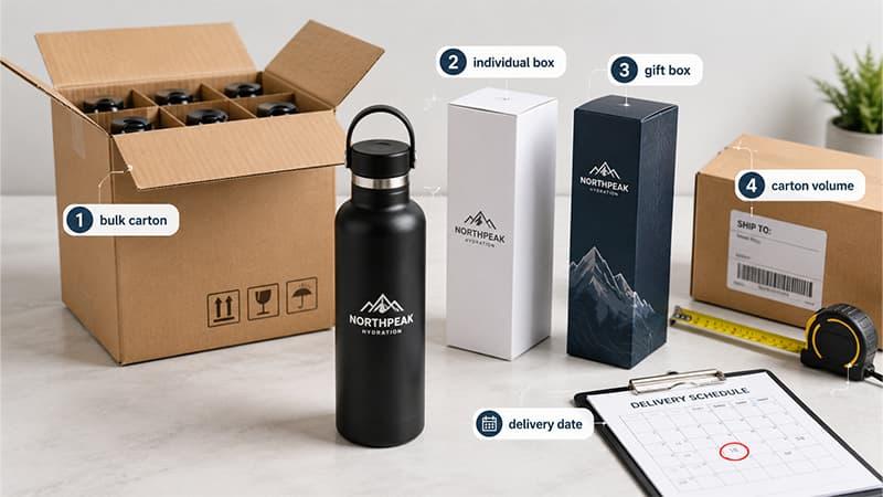 Custom water bottle packaging and shipping checklist for carton size, gift box, delivery date, and bulk order planning