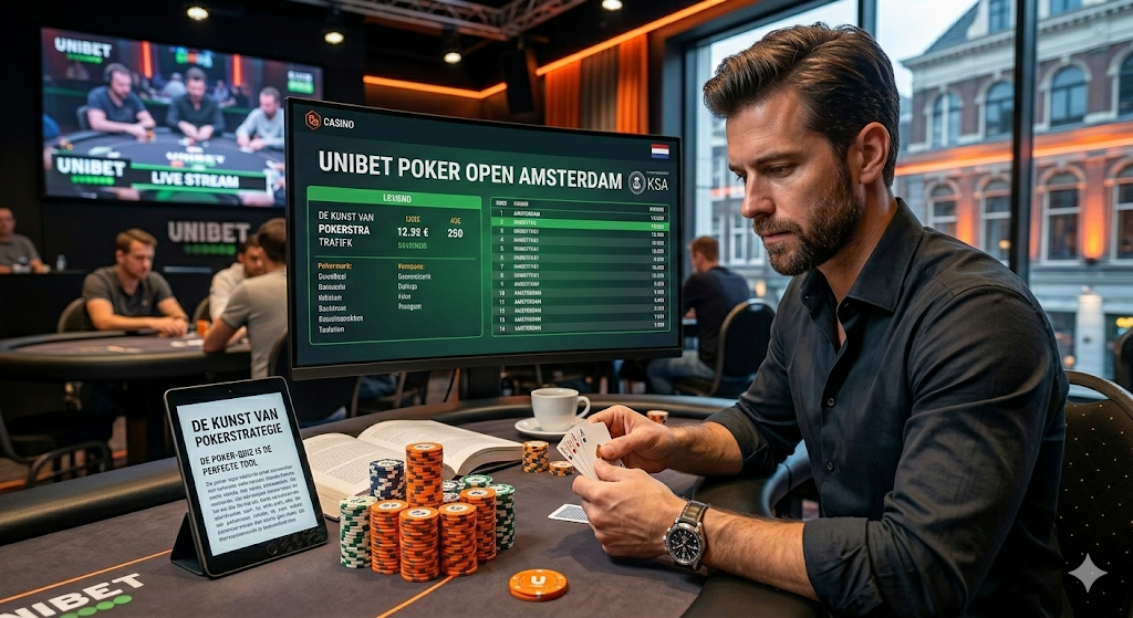 Pokerspeler die deelneemt aan de Unibet Poker Open Amsterdam, met pokertafel, fiches en live pokertoernooi zichtbaar op een scherm in een casino-omgeving.