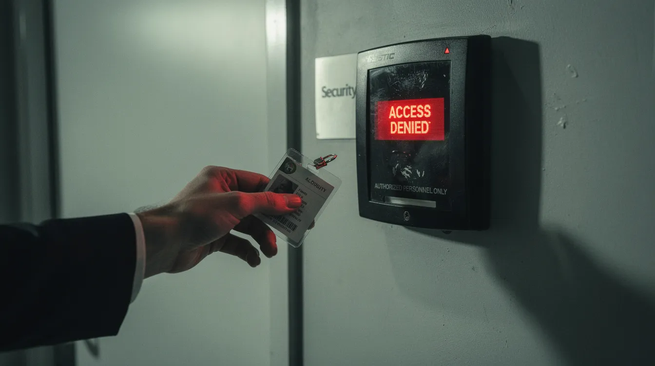A first-person perspective shot shows a hand with a dark sleeve holding a corporate ID badge near a wall-mounted electronic card reader, which is flickering a red "Access Denied" light. The dim and suspicious lighting enhances the sense of unauthorized access attempts, highlighting the risks posed by malicious insiders and cyber threat actors targeting sensitive data.