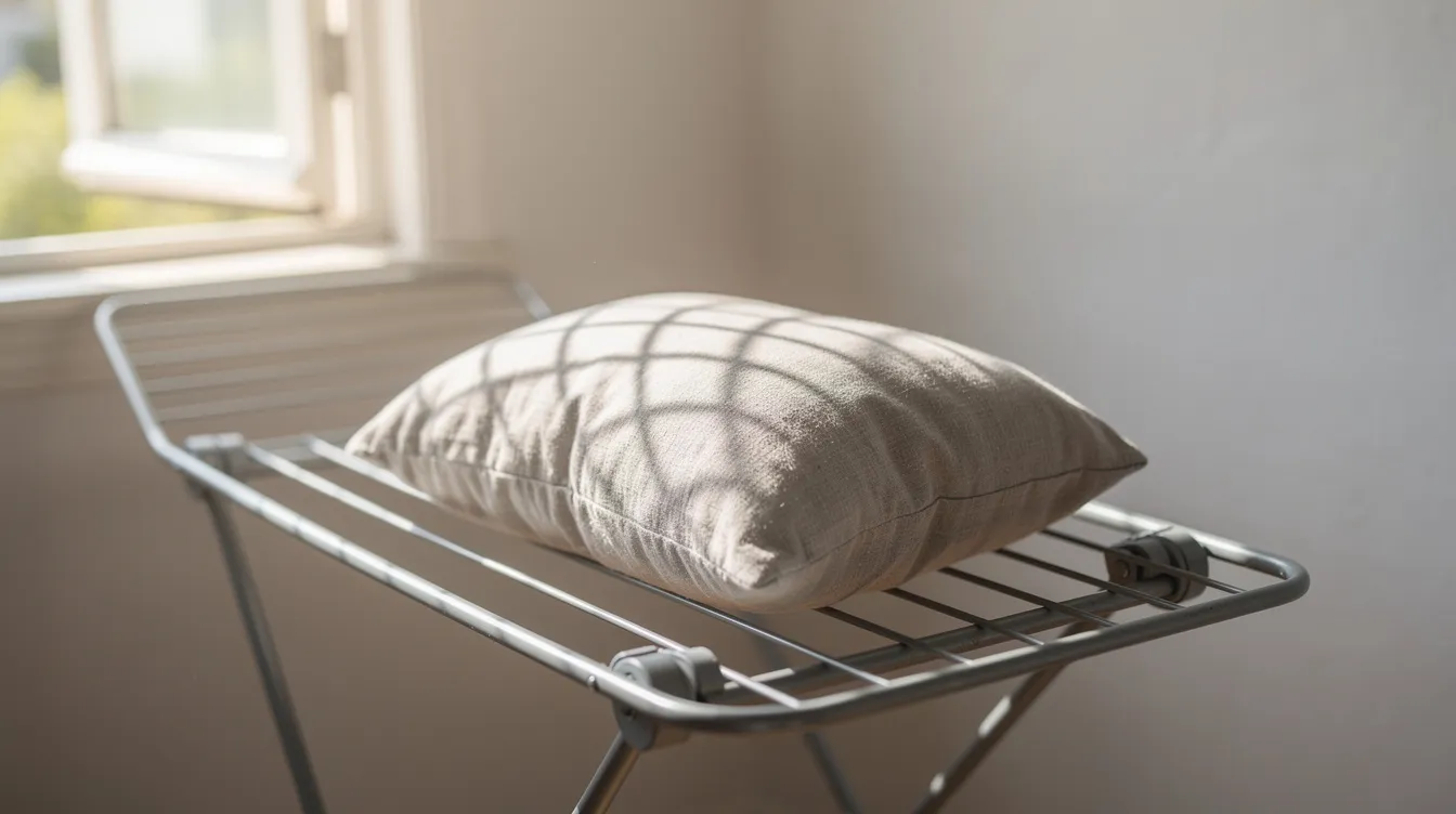 A small pillow, likely a travel neck pillow, rests on a wire drying rack near an open window, illuminated by natural light. The setting suggests a well-ventilated area for air drying, emphasizing the importance of keeping pillows fresh and clean.