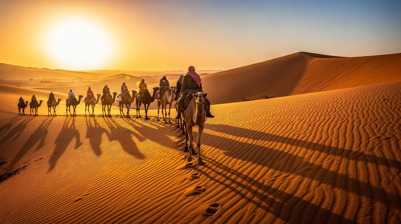 A caravan of camels carrying riders gracefully traverses the golden sand dunes of the Sahara Desert during the enchanting golden hour, with long shadows stretching across the rippled surface. This breathtaking scene captures the essence of desert tours, showcasing the stunning desert landscapes and the unique experience of camel trekking in Morocco.