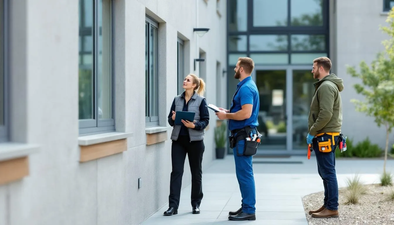 A group of property management and maintenance workers is seen servicing residential buildings, focusing on the upkeep of apartments in urban areas. This image highlights the importance of property care in cities like London and Warsaw, where housing prices and living standards can vary significantly.