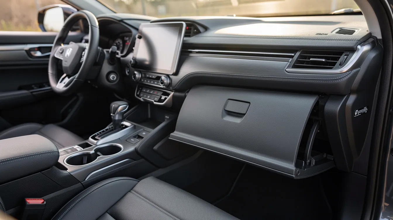 The image shows the interior of a car, focusing on the glove compartment and center console, which may contain items related to gun laws, such as a handgun carry permit or safety training materials. This depiction highlights the importance of understanding state law regarding firearms and the rights of law-abiding citizens.