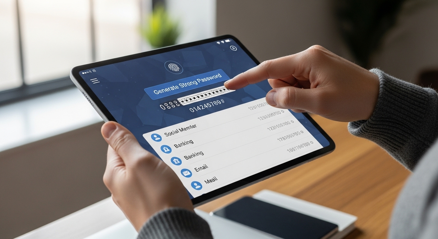 Password manager generating strong unique passwords across multiple accounts on a secure device.