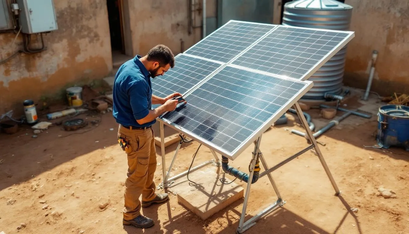 A technician is performing maintenance on the components of a solar water pump system in a rural area, ensuring the reliable operation of the solar powered pumps and their associated parts. The scene highlights the importance of solar power in providing access to clean water through efficient pumping systems.