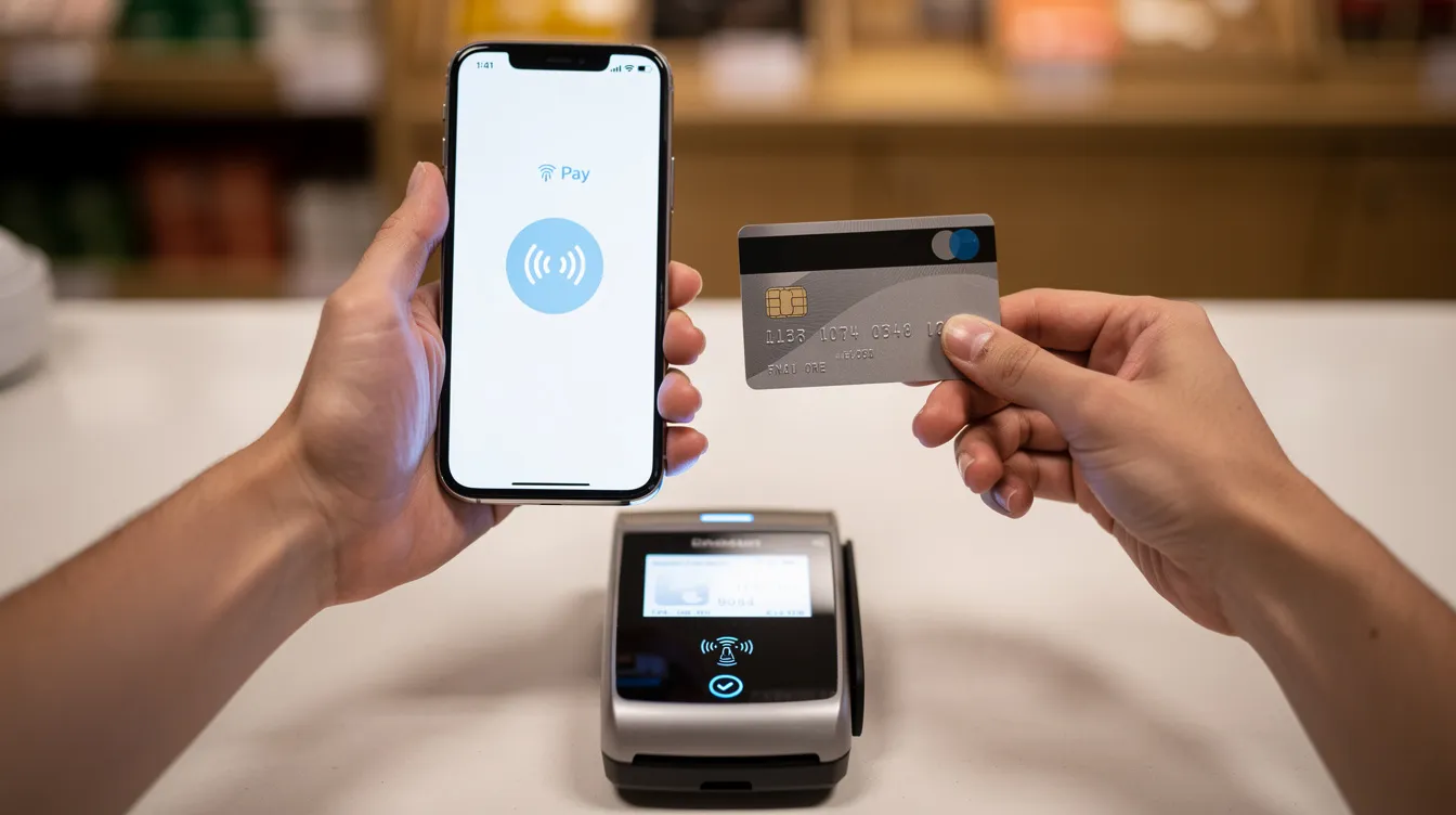 A close-up image shows a person holding a smartphone next to a debit card above a store card reader, illustrating the convenience of contactless payments like Google Pay. The scene emphasizes the ease of making secure transactions in-store using mobile devices.
