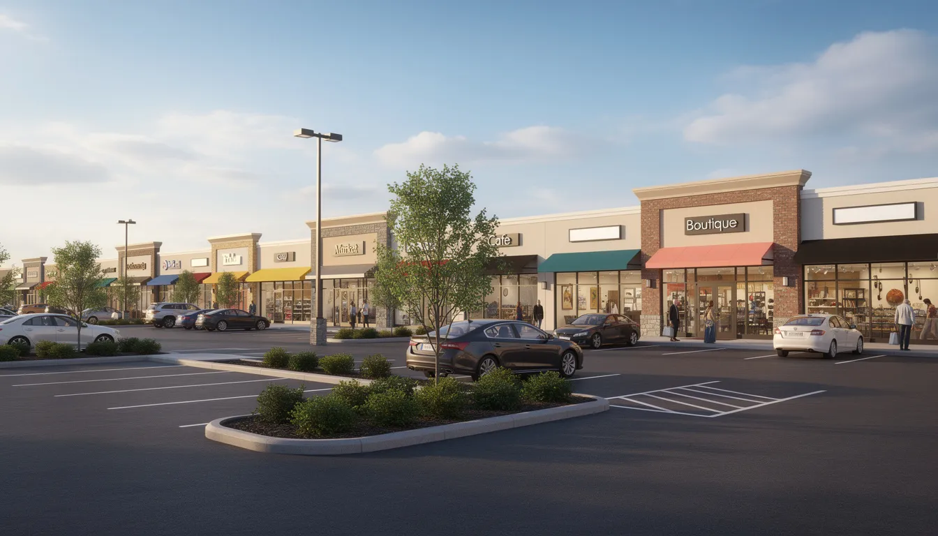 The image depicts a bustling commercial shopping center featuring various retail storefronts and a spacious parking lot. This vibrant hub serves as a focal point for local businesses and real estate investors looking to explore commercial hard money lending options for their ventures.