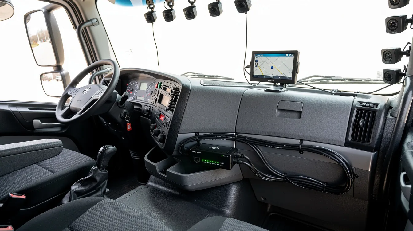 Best MDVR Systems for Fleet Vehicles: The image shows the interior of a commercial vehicle cab featuring a mobile digital video recorder (MDVR) installation, including multiple cameras for driver monitoring and safety. This state-of-the-art system enhances fleet management by capturing video footage to coach drivers on improving driver reliability and reducing unsafe driving behaviors.