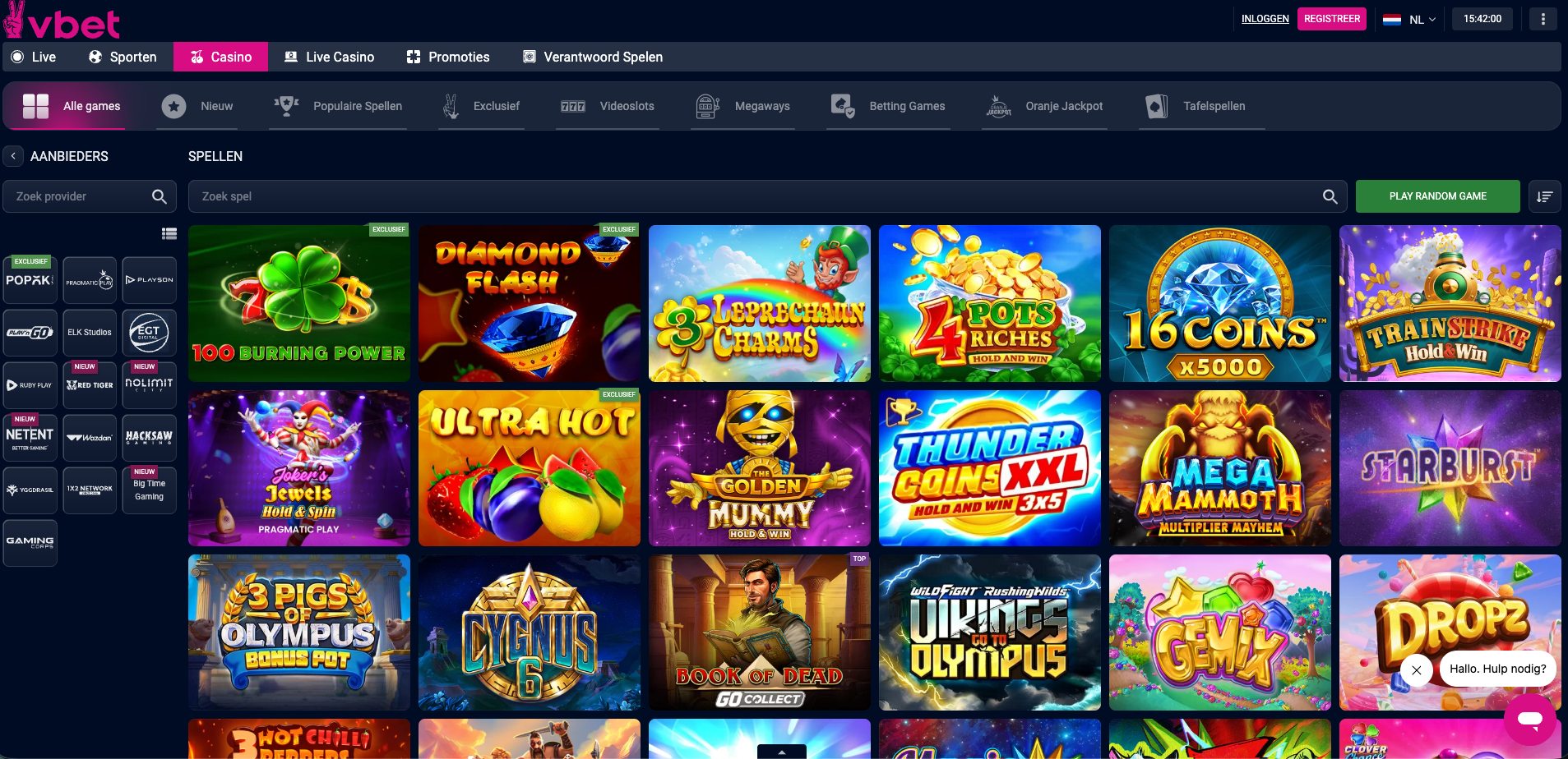 Overzicht van de vbet online casino lobby met een grote selectie videoslots en casinospellen, waaronder titels zoals Starburst, Book of Dead, Mega Mammoth, Thunder Coins en Joker’s Jewels, met filters voor providers en spelcategorieën.