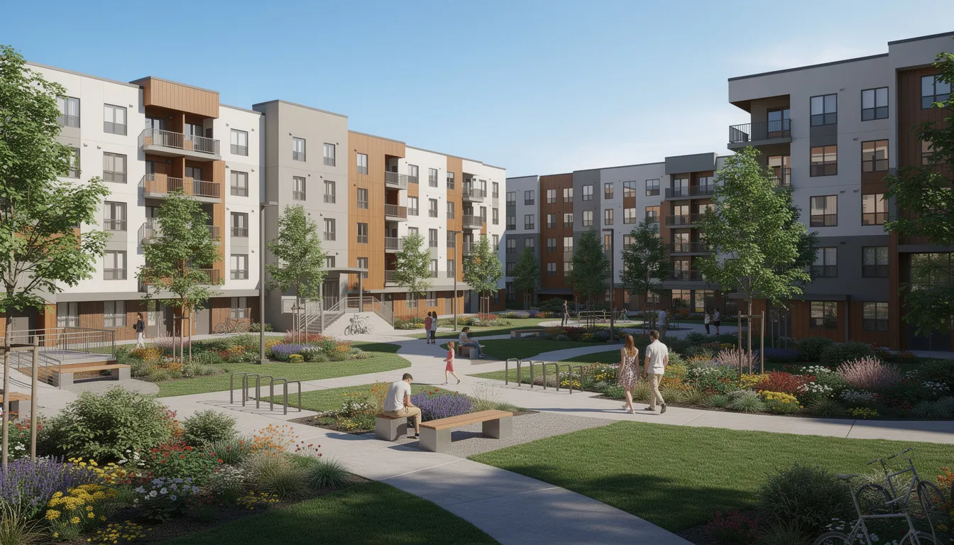 The image depicts a modern affordable housing apartment complex featuring multiple well-maintained residential buildings surrounded by lush landscaping. This investment opportunity in commercial real estate highlights the potential for good equity multiple and cash distributions for investors. The image depicts a modern affordable housing apartment complex featuring multiple well-maintained residential buildings surrounded by lush landscaping. This investment opportunity in commercial real estate highlights the potential for good equity multiple and cash distributions for investors.