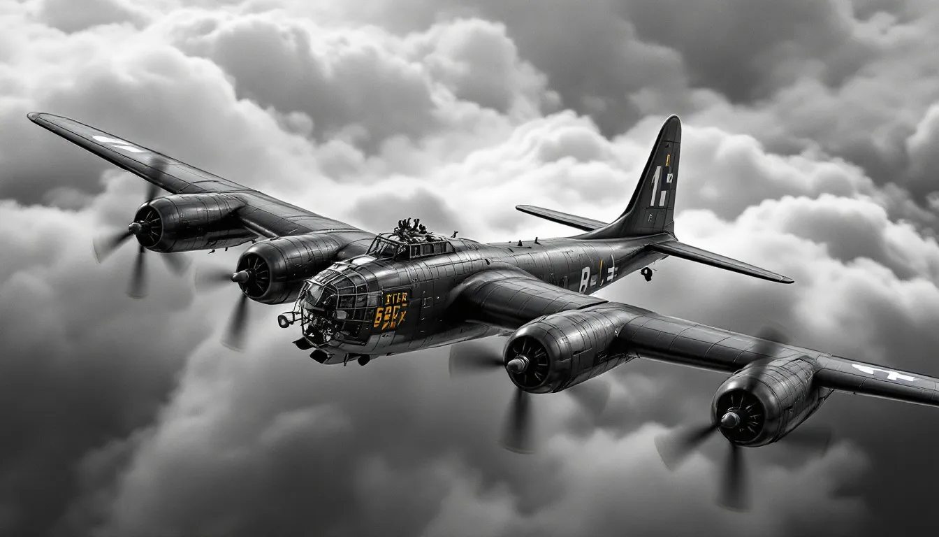 An early B-17 bomber in flight, showcasing its distinctive design.