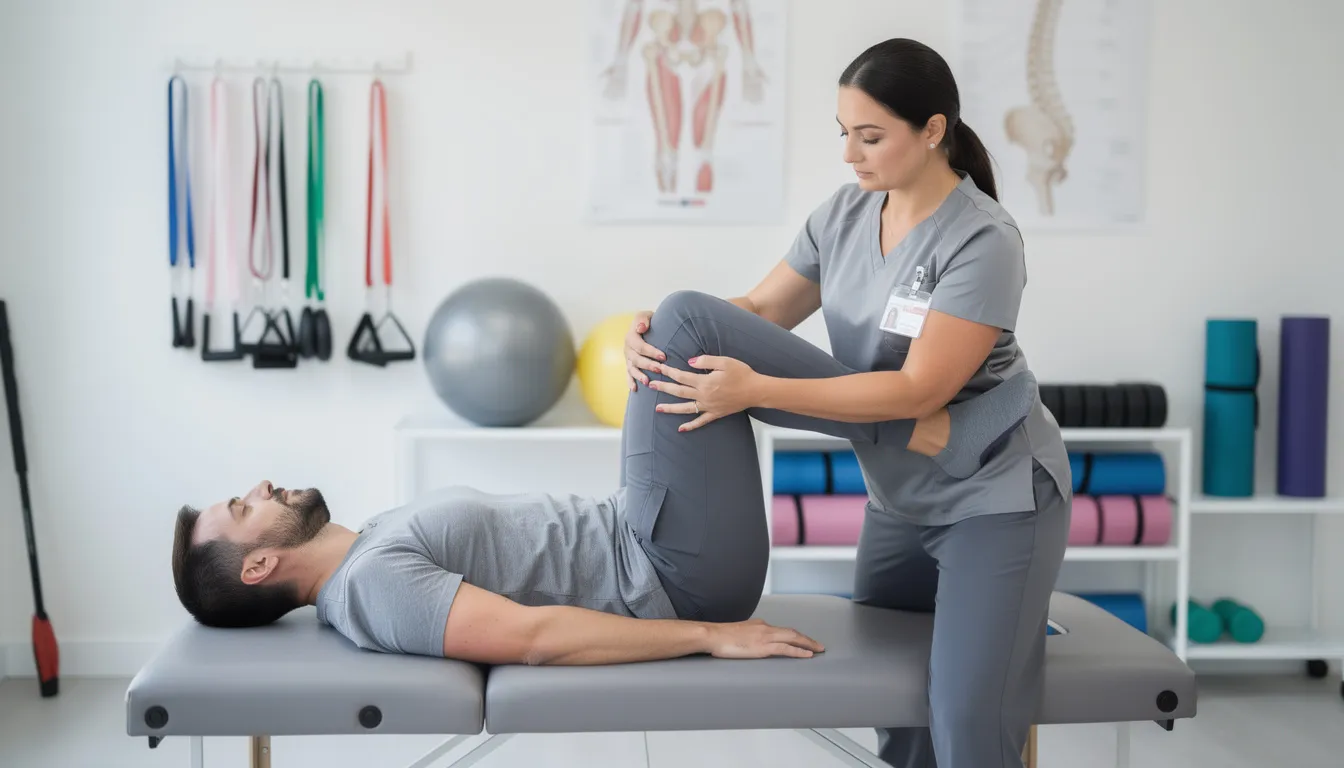 A physical therapist assists a patient with hip mobility exercises, focusing on gentle stretching to alleviate sciatica pain and improve posture. This therapy aims to enhance the patient's lower body strength and reduce strain, potentially benefiting their golf performance by addressing issues related to the sciatic nerve and lower back pain.