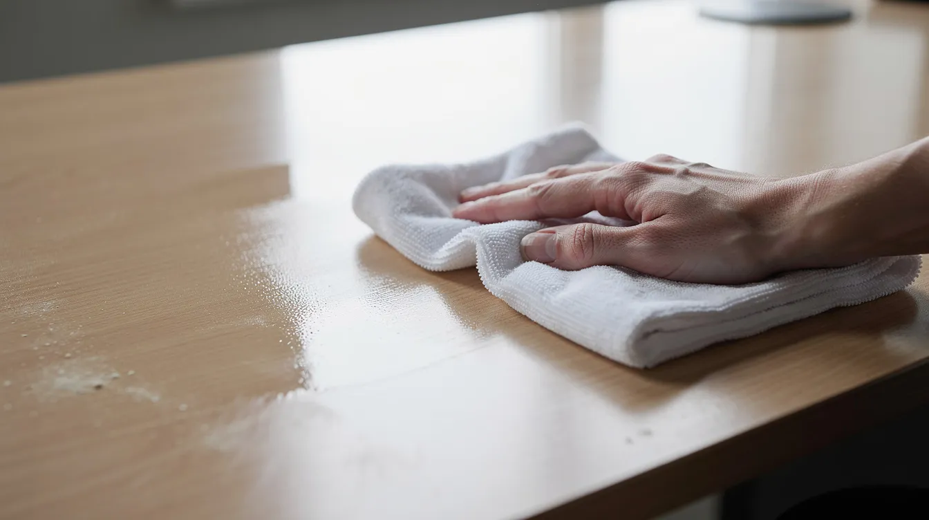 A hand is seen wiping a desk clean, showcasing the importance of maintaining a clean space as part of professional cleaning services. The action emphasizes the attention to detail that professional cleaners provide in ensuring a spotless environment.