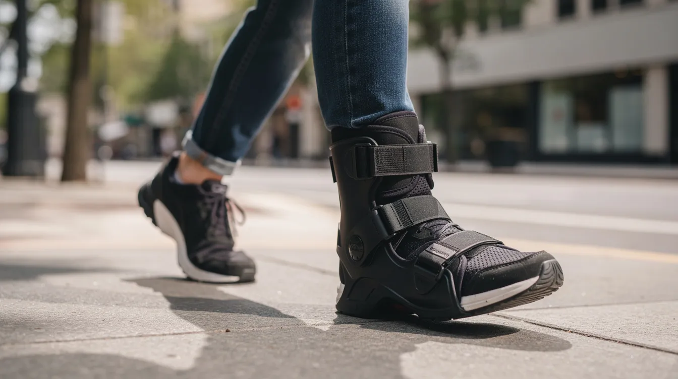 A person is walking outdoors with a medical walking boot on one foot, which is often used to support and protect the affected toe joint during recovery from bunion surgery or severe bunion pain. The boot provides stability while helping to relieve pressure on the bony bump at the base of the big toe.