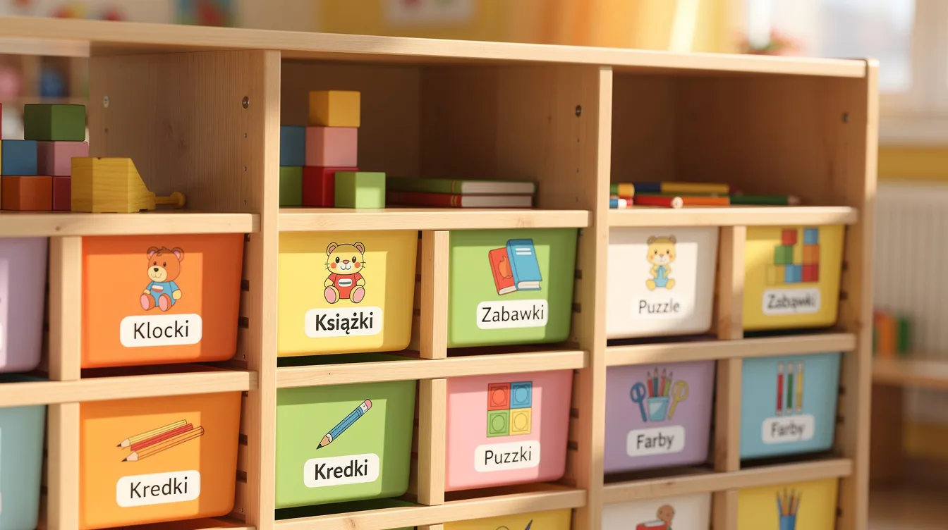 Na drewnianych półkach w sali przedszkolnej znajdują się kolorowe etykiety z obrazkami, które oznaczają różne kąciki tematyczne, takie jak kącik czytelniczy, przyrodniczy czy konstrukcyjny. Etykiety te pomagają w organizacji przestrzeni i rozwijaniu zainteresowań małych podopiecznych poprzez zabawę i odkrywanie świata.
