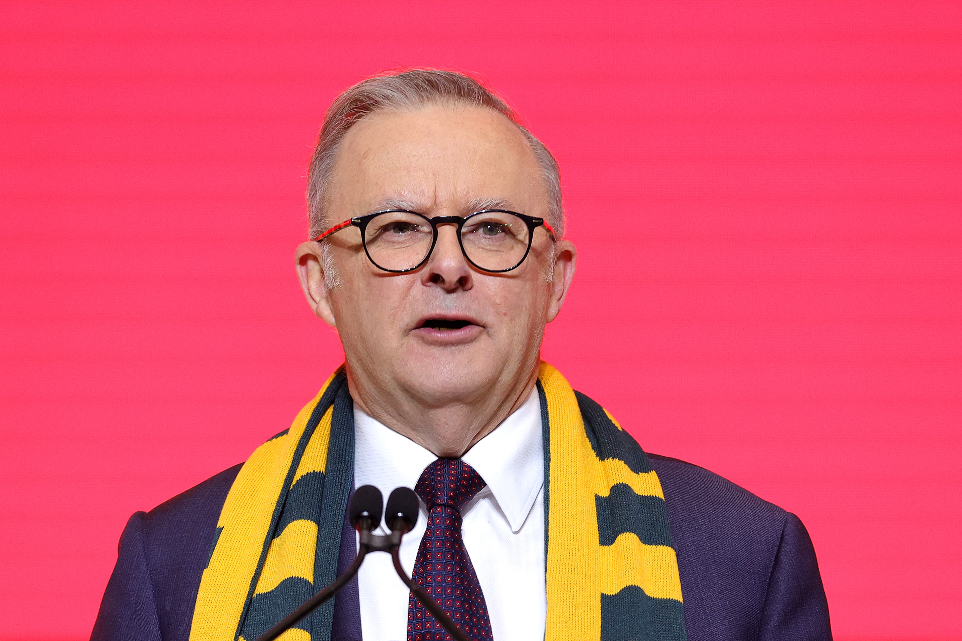 Prime Minister of Australia Anthony Albanese speaks during the Australian Olympic Games athletes charter flight arrival at Sydney International Airport.