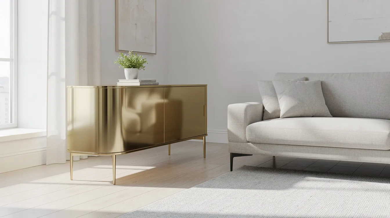 En elegant sidobord i mässing står placerat bredvid en modern soffa i ett ljust vardagsrum, vilket ger en känsla av stil och elegans. Bordet fungerar som ett praktiskt avlastningsbord och passar perfekt in i olika inredningsstilar.