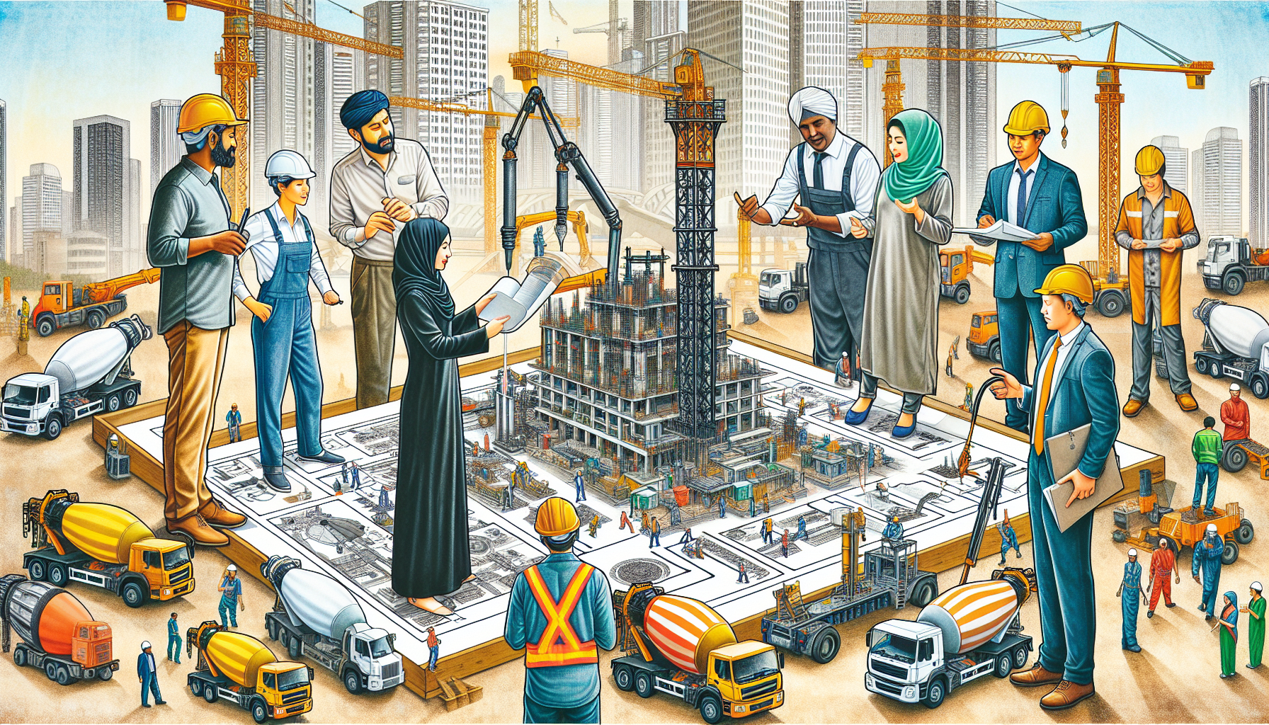 An illustration of a team organizing a concrete pumping operation.