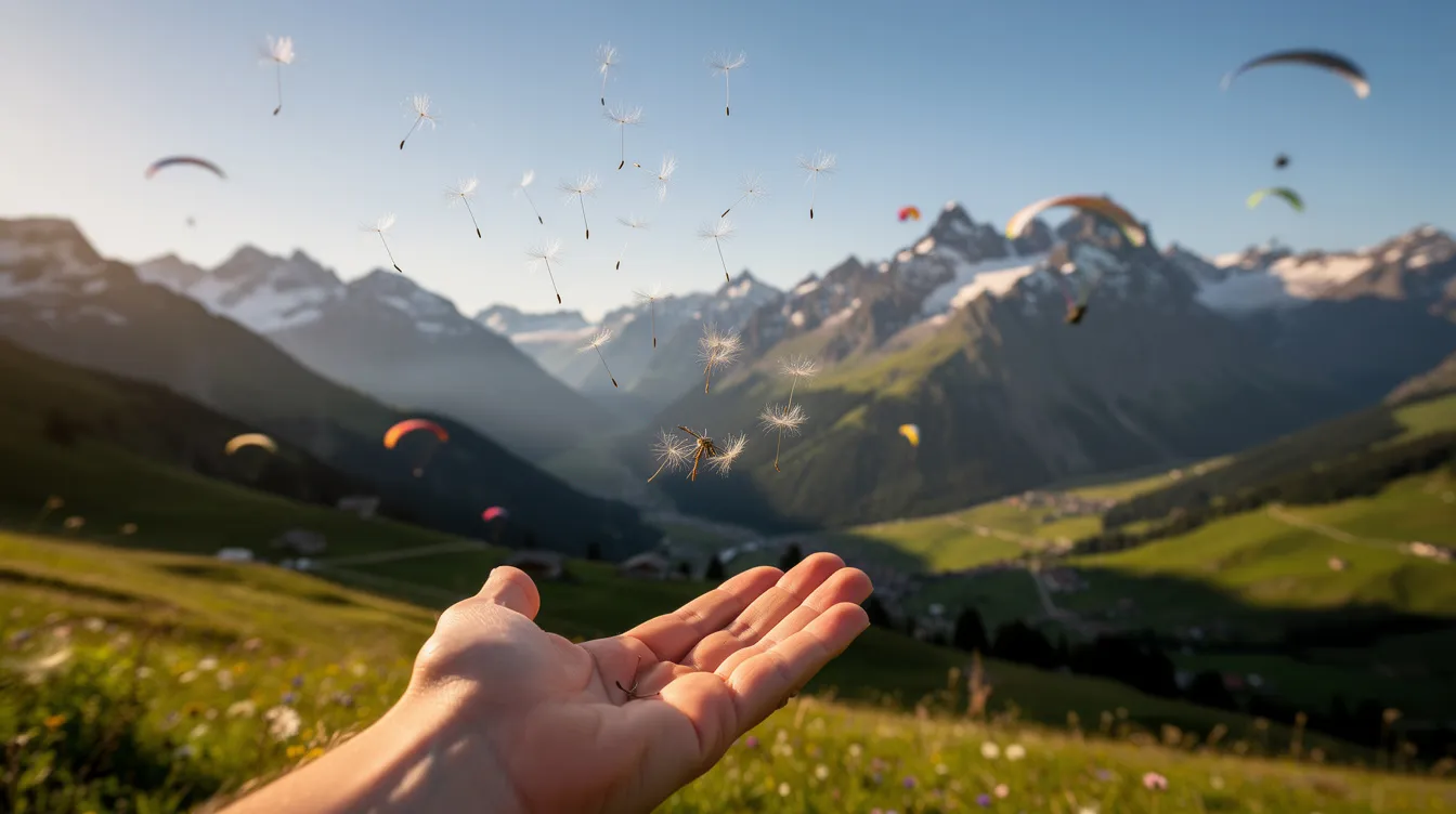 A hand is gently releasing dandelion seeds into the air, set against a breathtaking mountainous alpine landscape, where colorful paragliders soar in the clear sky above. This scene captures the natural beauty of the world, evoking a sense of freedom and wonder.