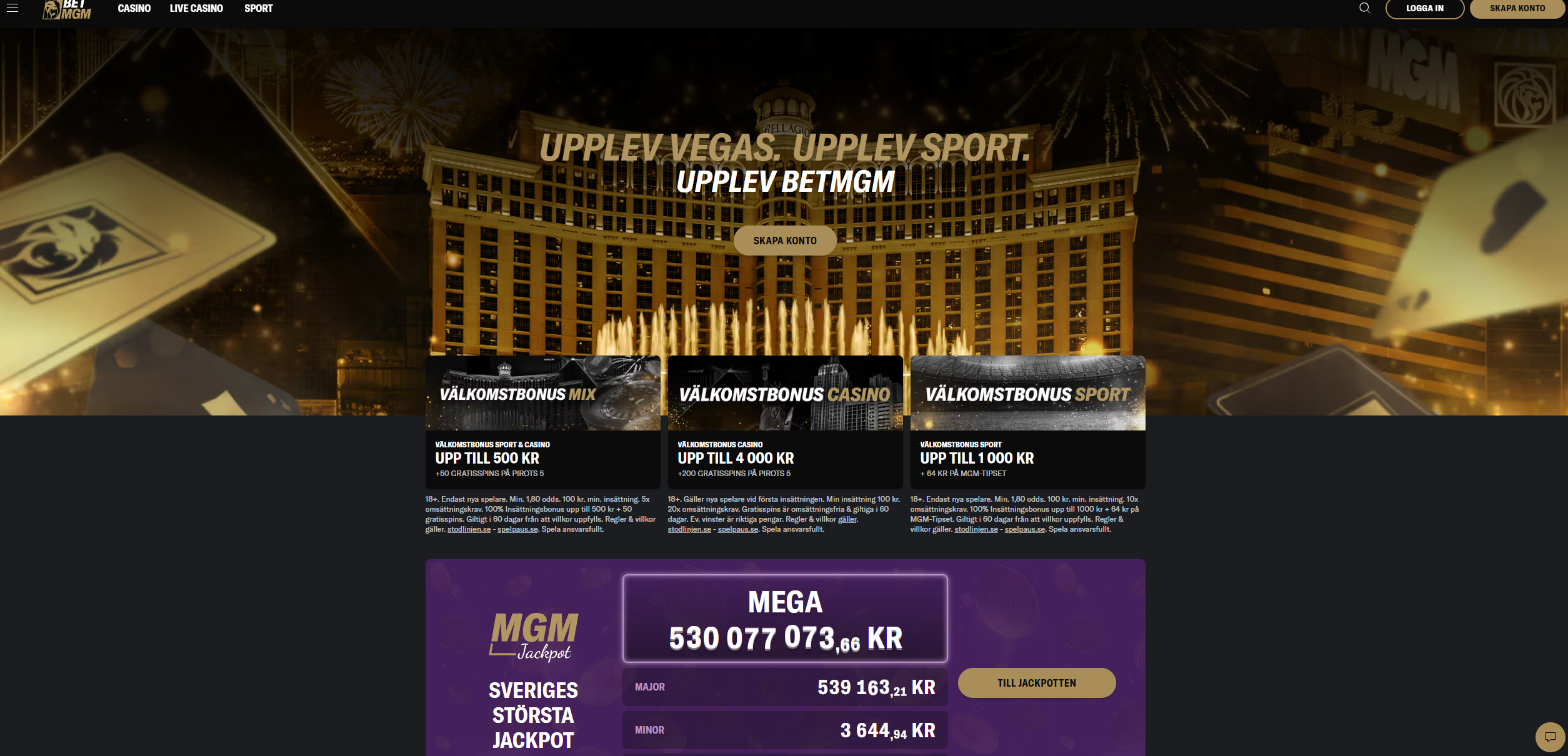 BetMGM startsida med olika bonusar.