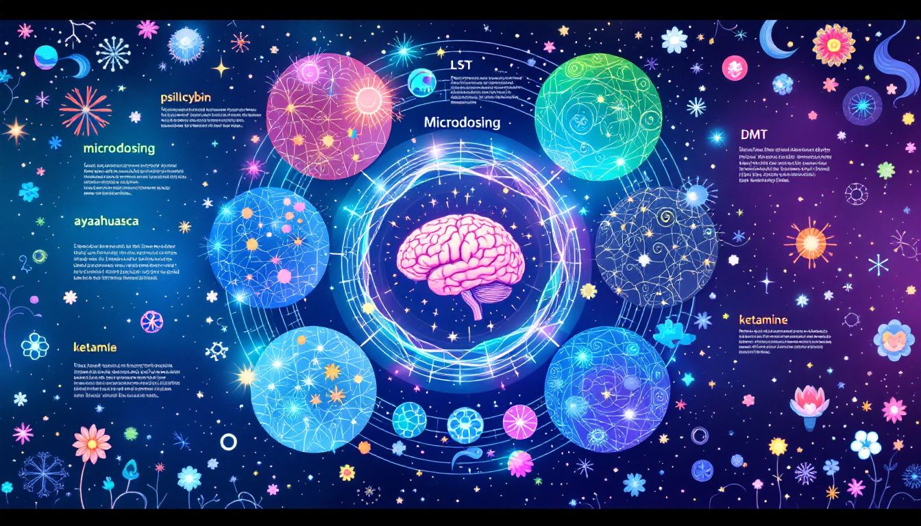 A scientific illustration depicting psychedelic compounds used in microdosing.