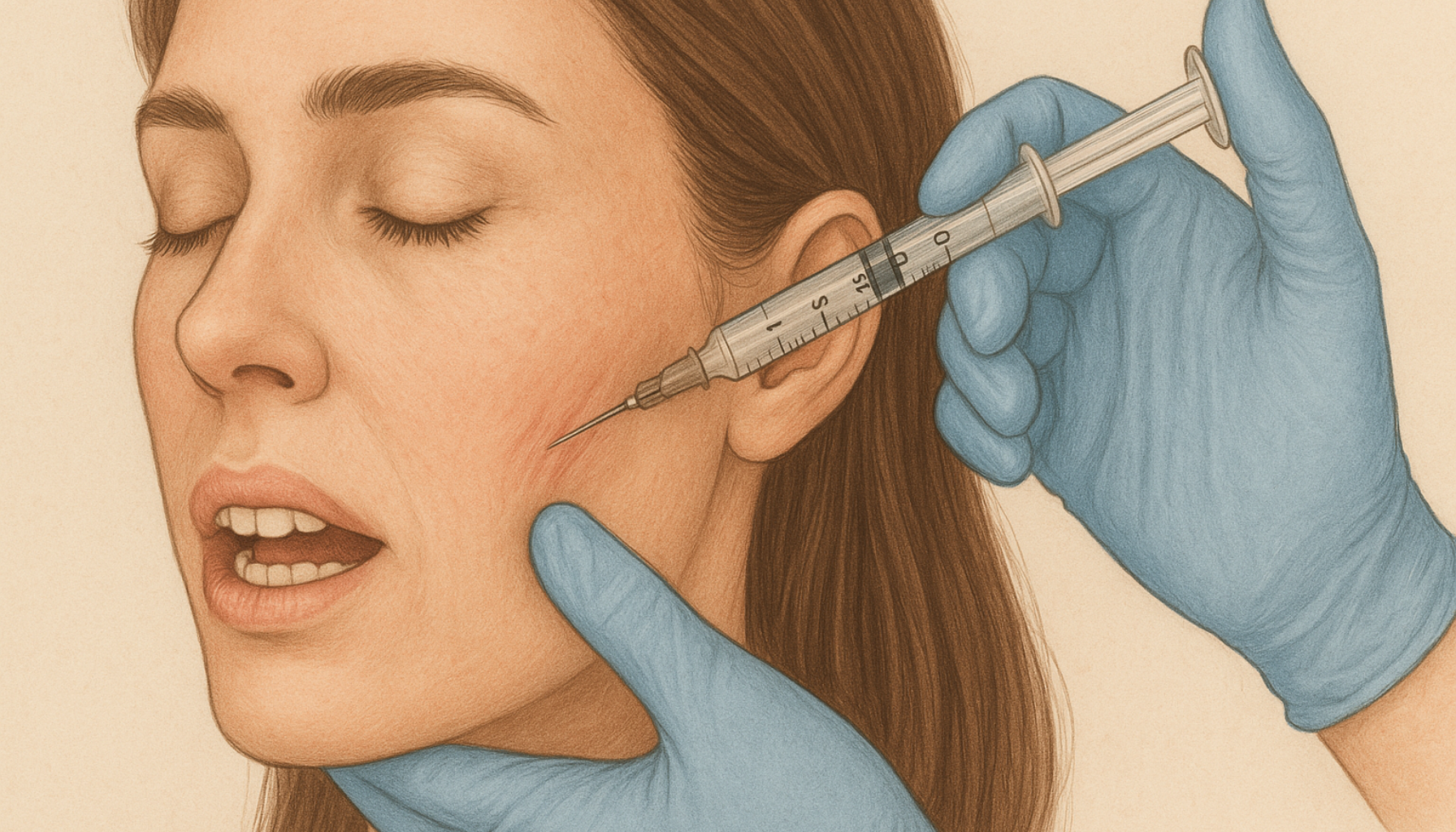 Kvinne får Botox-injeksjon ved kjeveområdet, brukt som behandling innen både estetikk og tannhelse."