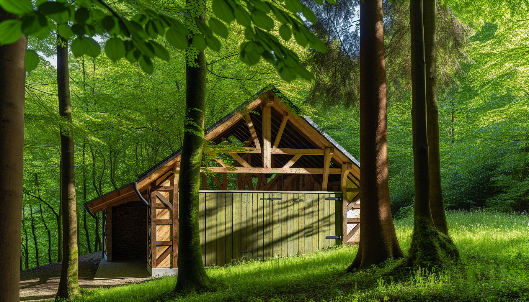 Timber frame garage surrounded by green trees and nature