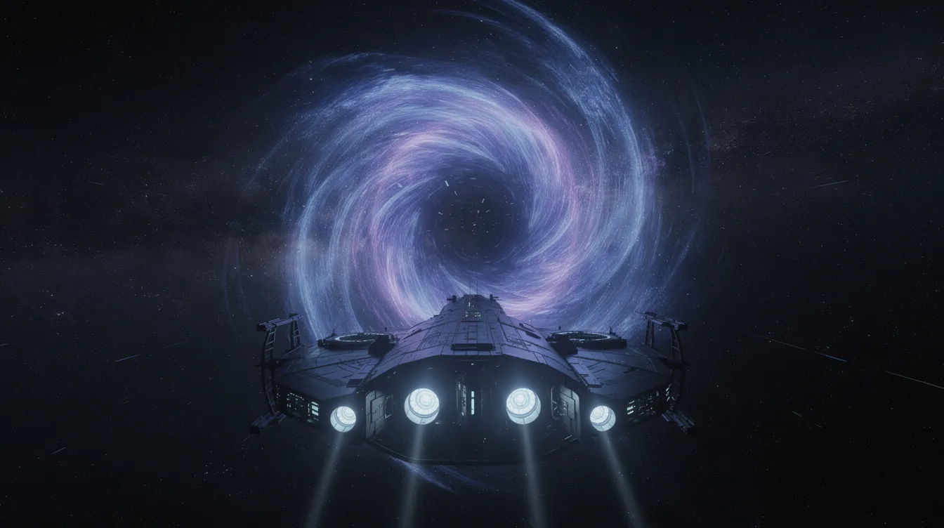 Ein Raumschiff schwebt majestätisch vor einem leuchtenden Wurmloch im tiefen Weltraum, umgeben von funkelnden Sternen. Diese Szene erinnert an die beeindruckenden visuellen Effekte des Science-Fiction-Films "Interstellar", der unter der Regie von Christopher Nolan entstand.