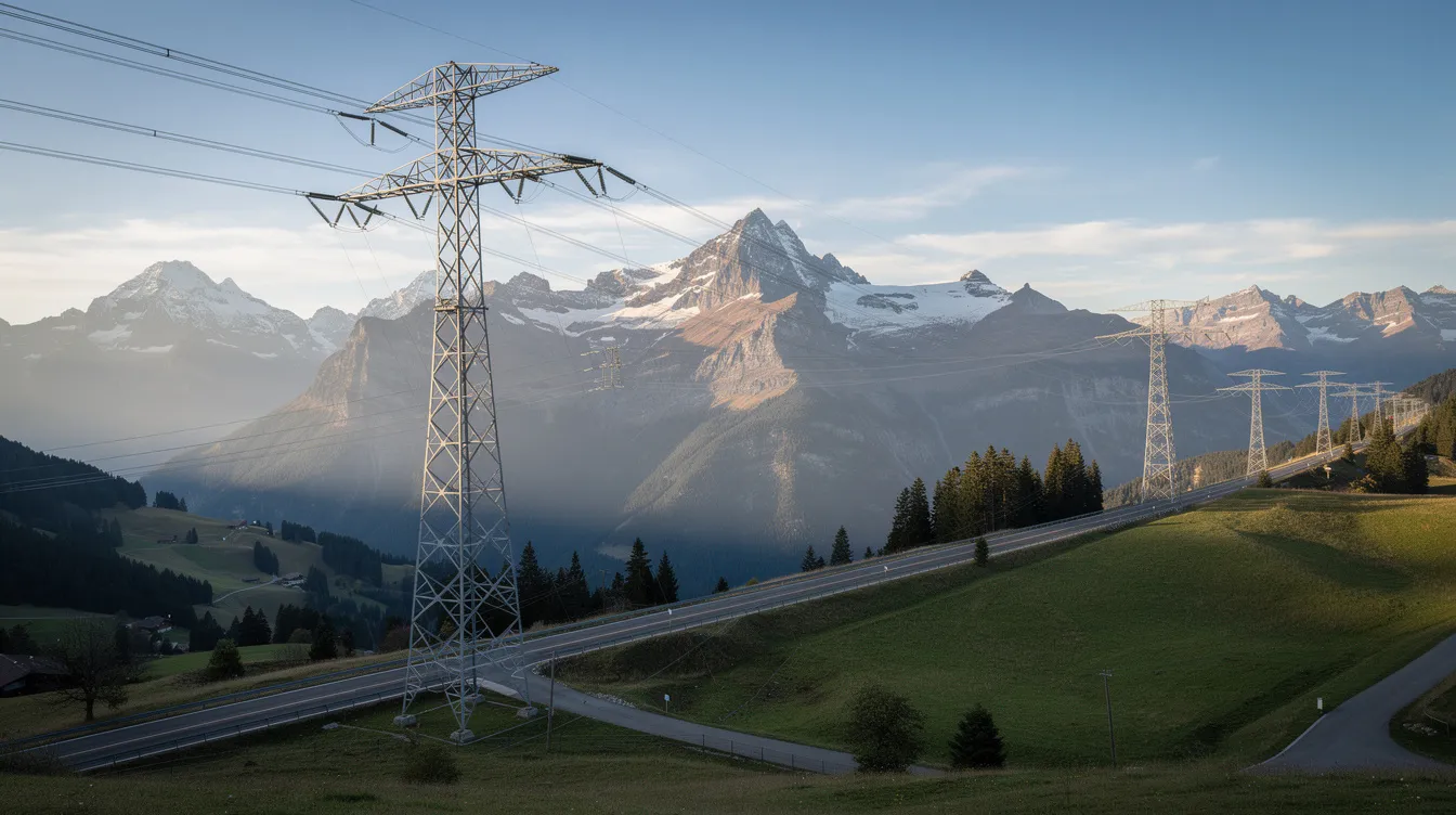 Die Aufnahme zeigt Strommasten und Übertragungsleitungen, die sich vor einem beeindruckenden Bergpanorama der Schweiz erstrecken. Diese Infrastruktur ist entscheidend für die Stromversorgung und spielt eine wichtige Rolle in der aktuellen Energiekrise, die durch steigende Energiepreise und Herausforderungen in der Energieversorgung geprägt ist.