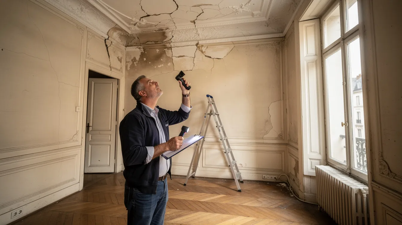 Un diagnostiqueur immobilier examine attentivement un plafond dans un appartement ancien, à la recherche de matériaux contenant de l'amiante. Cette inspection est essentielle pour évaluer la présence d'amiante et garantir la sécurité des futurs occupants.