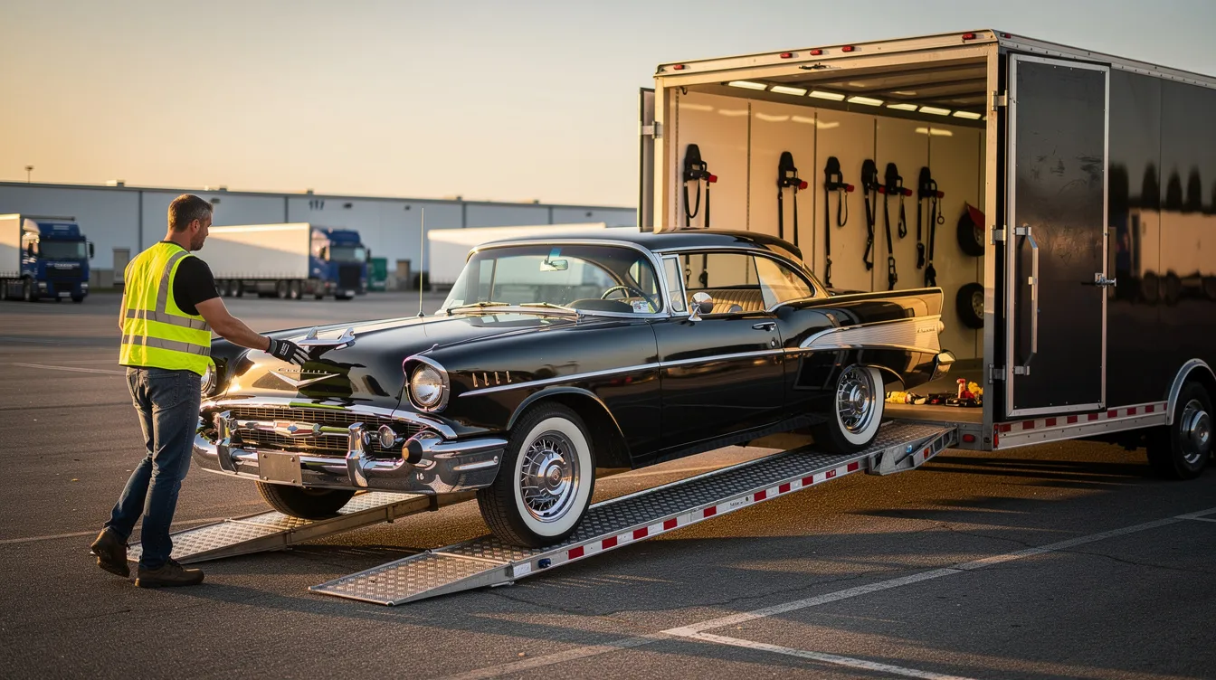 A classic vintage car is being carefully loaded onto an enclosed transport trailer, showcasing the attention to detail and care provided by reliable car shipping services. This scene highlights the use of specialized auto transport options, ensuring the vehicle arrives safely in Ann Arbor, Michigan.