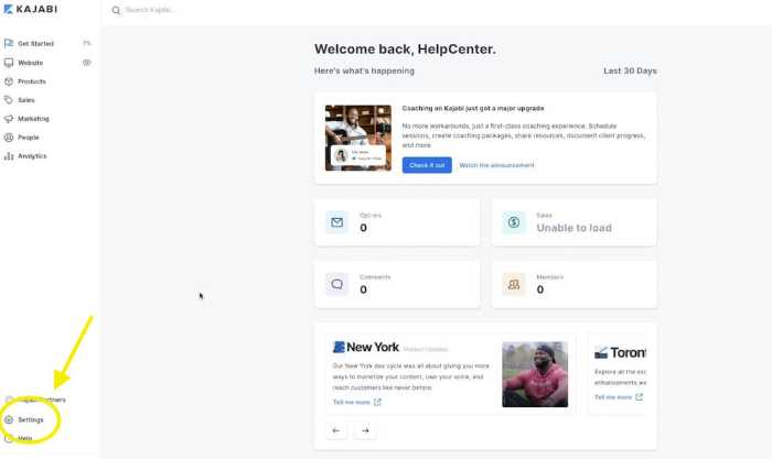 Screenshot of Kajabi dashboard showing where the settings area is