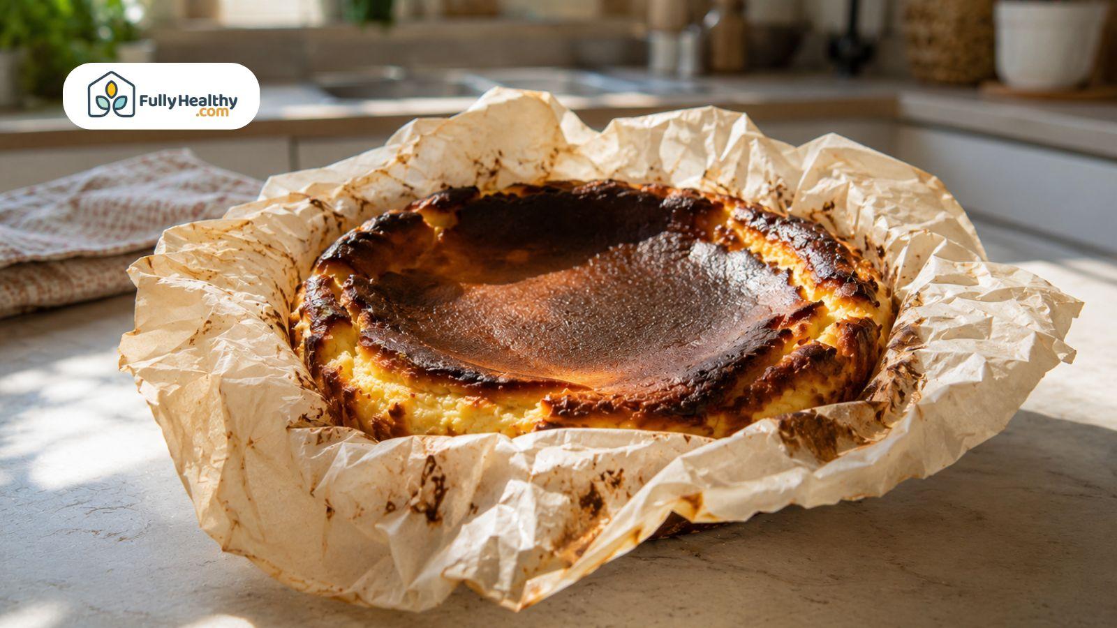 Burnt Basque cheesecake with caramelized top cooling on parchment in kitchen.
