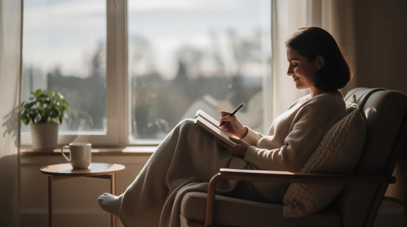 A person sits peacefully by a window, deeply engaged in writing in a journal, reflecting on their thoughts and emotions, which may relate to their attachment style and emotional awareness in relationships. The serene setting suggests a moment of self-discovery and connection, essential for developing healthier attachment patterns and maintaining stable relationships.