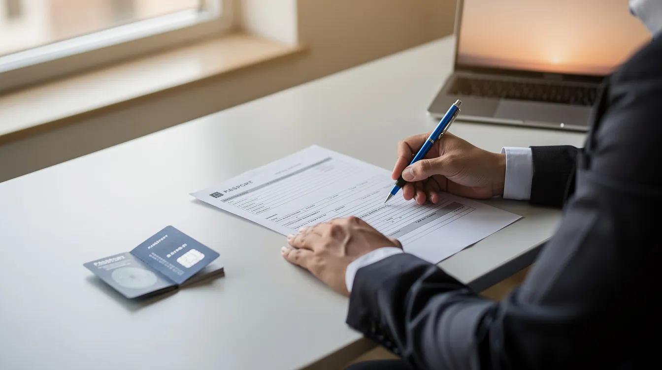 A person is sitting at a desk, focused on filling out a printed application form for a Schengen visa with a pen. Nearby, a valid passport and a laptop are visible, suggesting they are preparing essential documents for their travel plans.