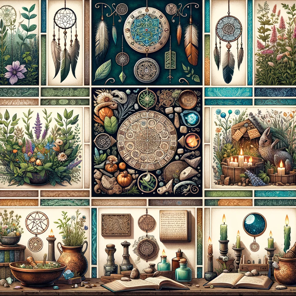 a herb garden, dreamcatchers, scrolls, a kitchen scene, and a spell setup