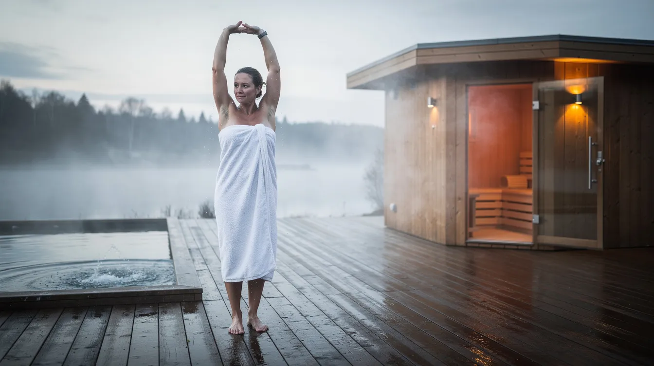 A person wrapped in a towel stretches on a wooden deck after a cold plunge, with a sauna visible in the background, highlighting the practice of cold water exposure as part of a wellness routine. This moment captures the benefits of cold therapy, promoting recovery and mental resilience while the individual listens to their body.