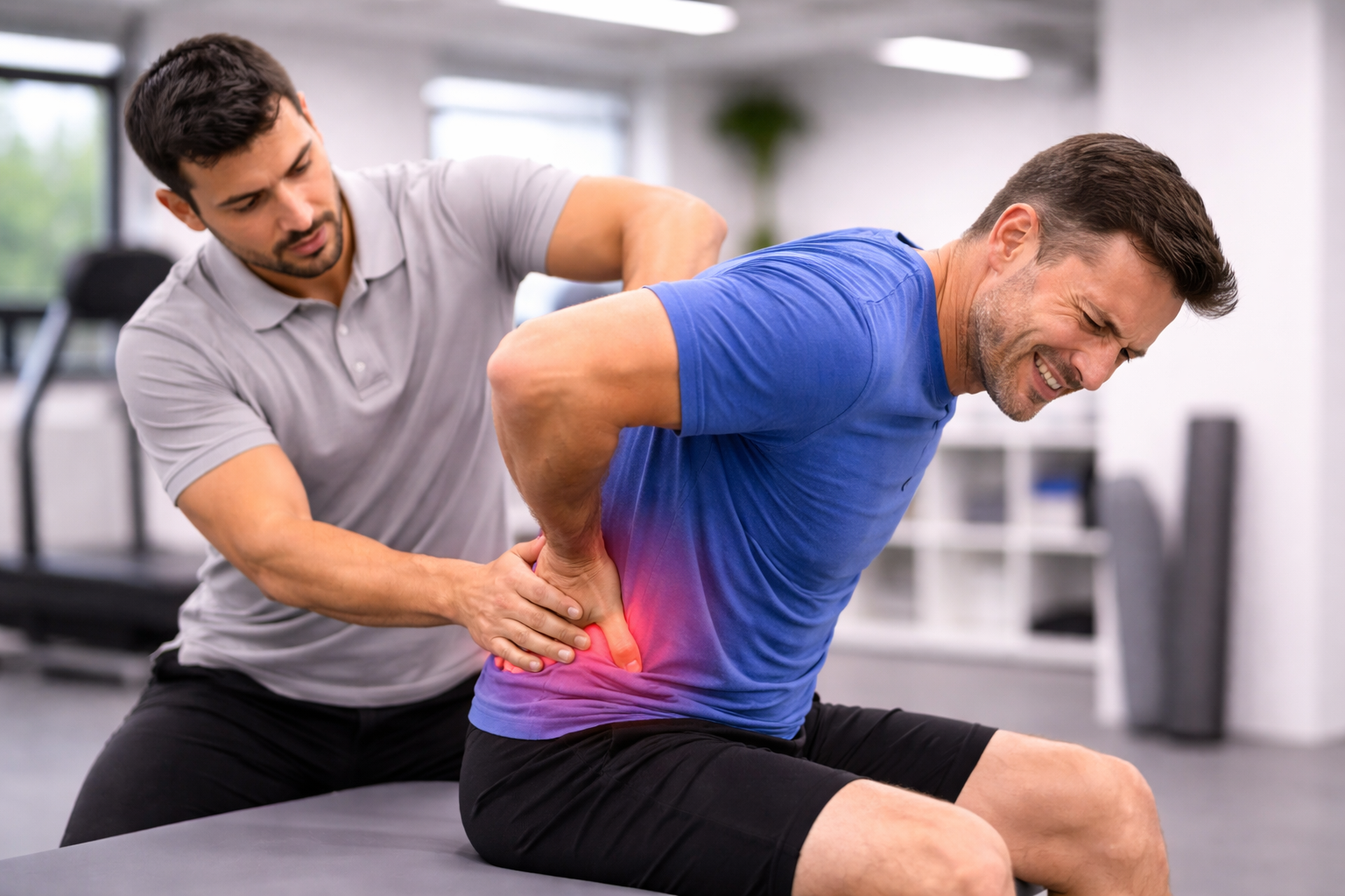 Physical therapist treating lower back pain to assess whether it is a muscle strain or disc-related issue