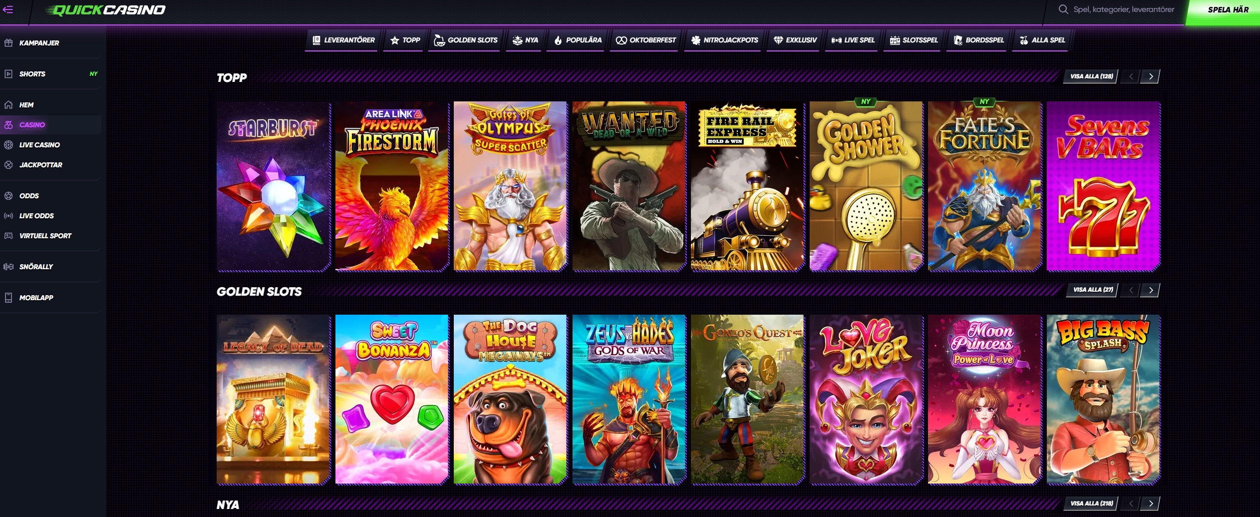 Quick Casinos casinoöversikt med populära spel och olika spelkategorier.