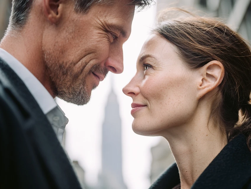 White couple in their mid-30s standing together in Manhattan with the Empire State Building behind them, showing emotional connection and a supportive romantic partnership.