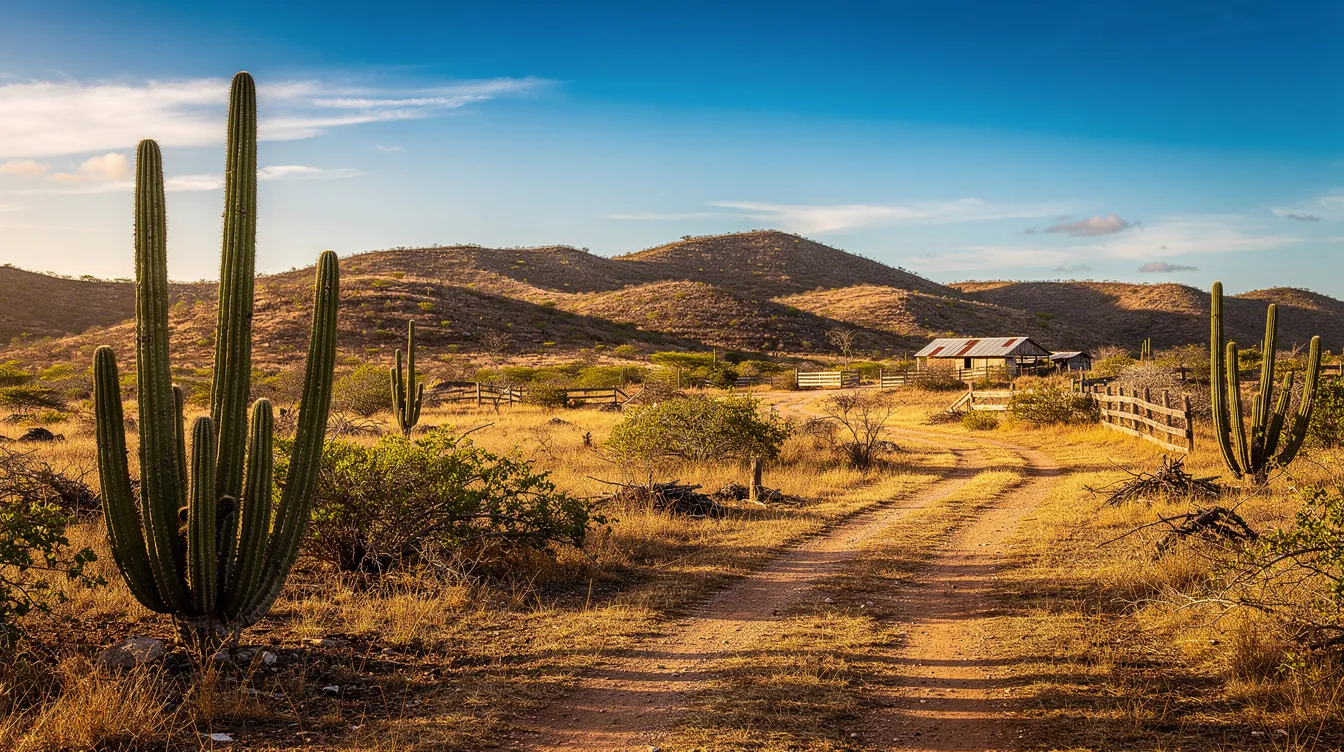 A imagem mostra uma paisagem rural de uma ilha caribenha, com cactos dispersos e colinas áridas sob um céu claro. Este cenário remete ao destino de Curaçao, conhecido por suas belezas naturais e clima ensolarado, ideal para quem busca experiências únicas em férias no Caribe.