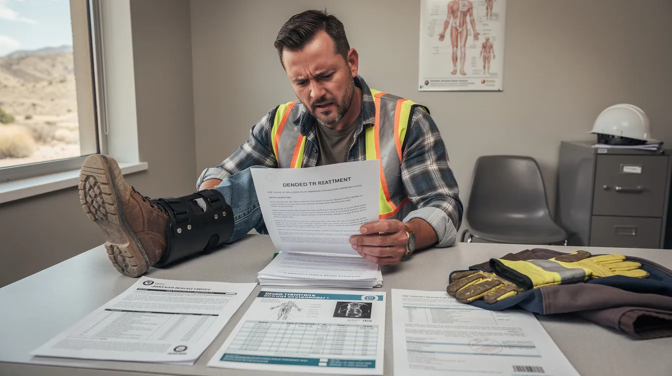 The image depicts an injured blue-collar worker, wearing a walking boot, sitting at a kitchen table with a frustrated expression while reviewing a denied workers' compensation claim letter and related medical paperwork. The setting evokes a typical Southern Colorado home, with subtle details like medical records and therapy documents, reflecting the serious challenges faced by injured workers navigating the workers' compensation system.