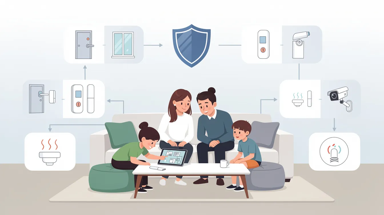 A family discussing home security measures in their living room, highlighting the importance of a comprehensive security plan.