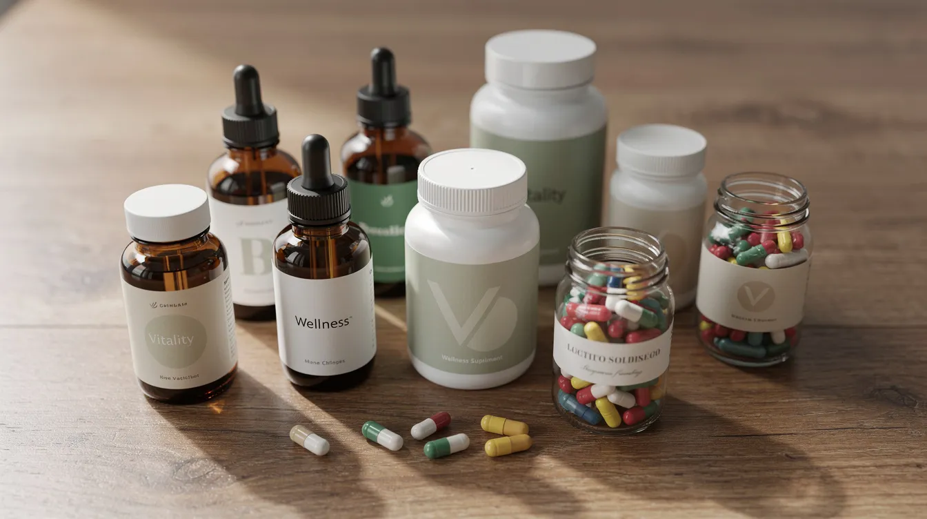 The image features an assortment of wellness product bottles and capsules, including various hemp-derived CBD products, arranged neatly on a wooden surface. These items, such as CBD oil, capsules, and gummies, represent different forms of CBD that individuals may consider for wellness, as they explore questions like how long CBD stays in your system and its effects on the body.
